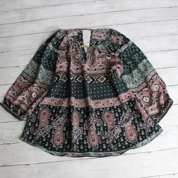 BCX Women's Boho Top Size M Green Pink Floral 3/4 Sleeves - Picture 1 of 7
